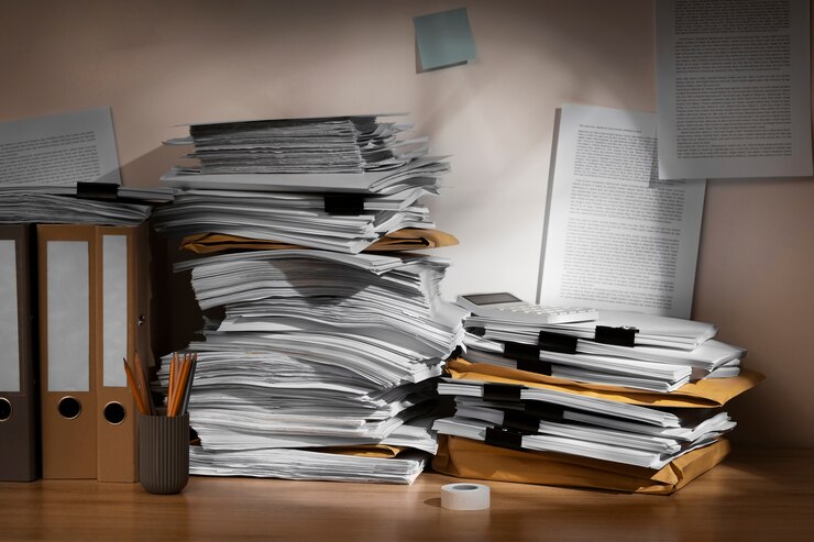 Pilhas de papéis desorganizados numa secretária, simbolizando o caos contabilístico e o risco de coimas.