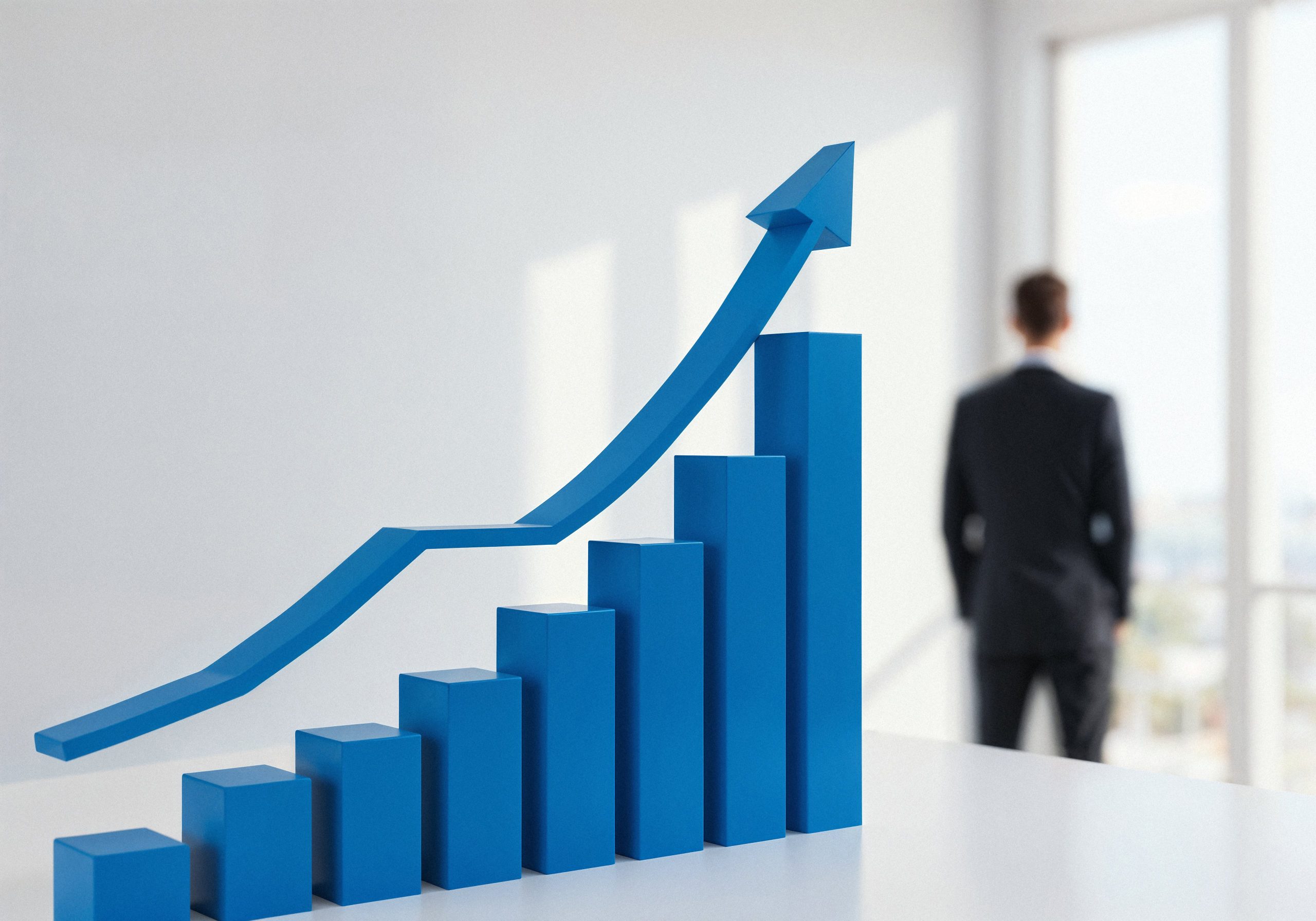 http://Gráfico%20de%20barras%20azul%203D%20com%20uma%20seta%20ascendente%20em%20primeiro%20plano%20e%20um%20empresário%20desfocado%20ao%20fundo,%20representando%20o%20acompanhamento%20do%20crescimento%20e%20desempenho%20do%20negócio%20pela%20Mundiempresarial.